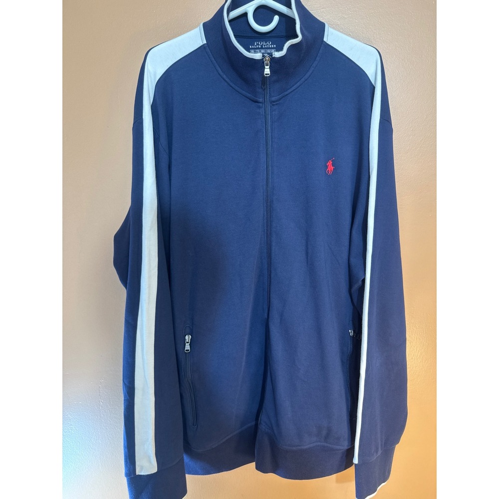 Polo‎ Ralph Lauren Mens Navy Blue Track Jacket White Stripe Full Zip XXL